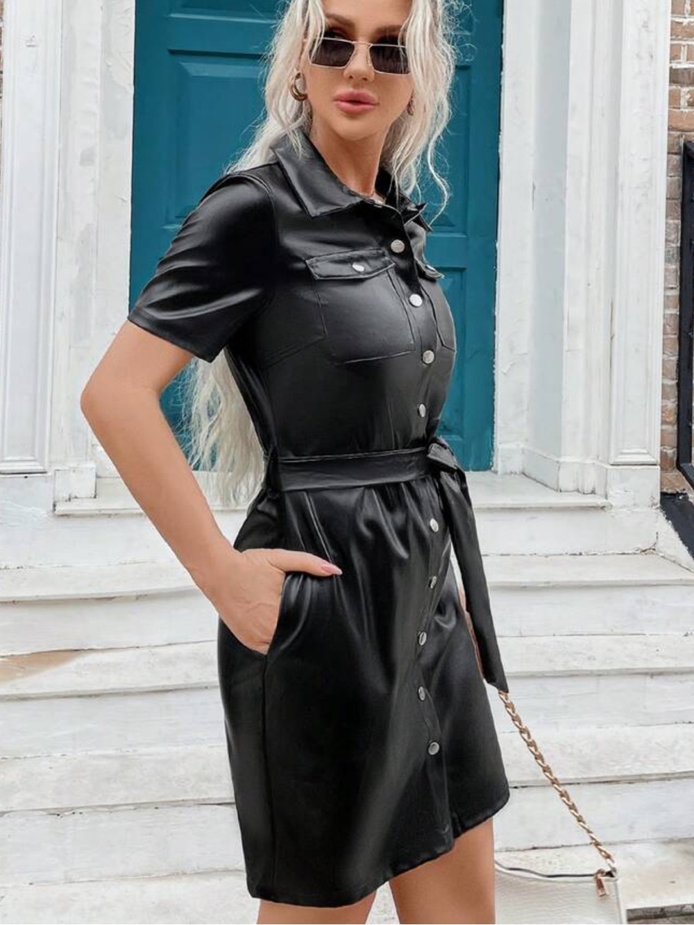 SHEIN Black Faux Leather Button-Front Mini Dress